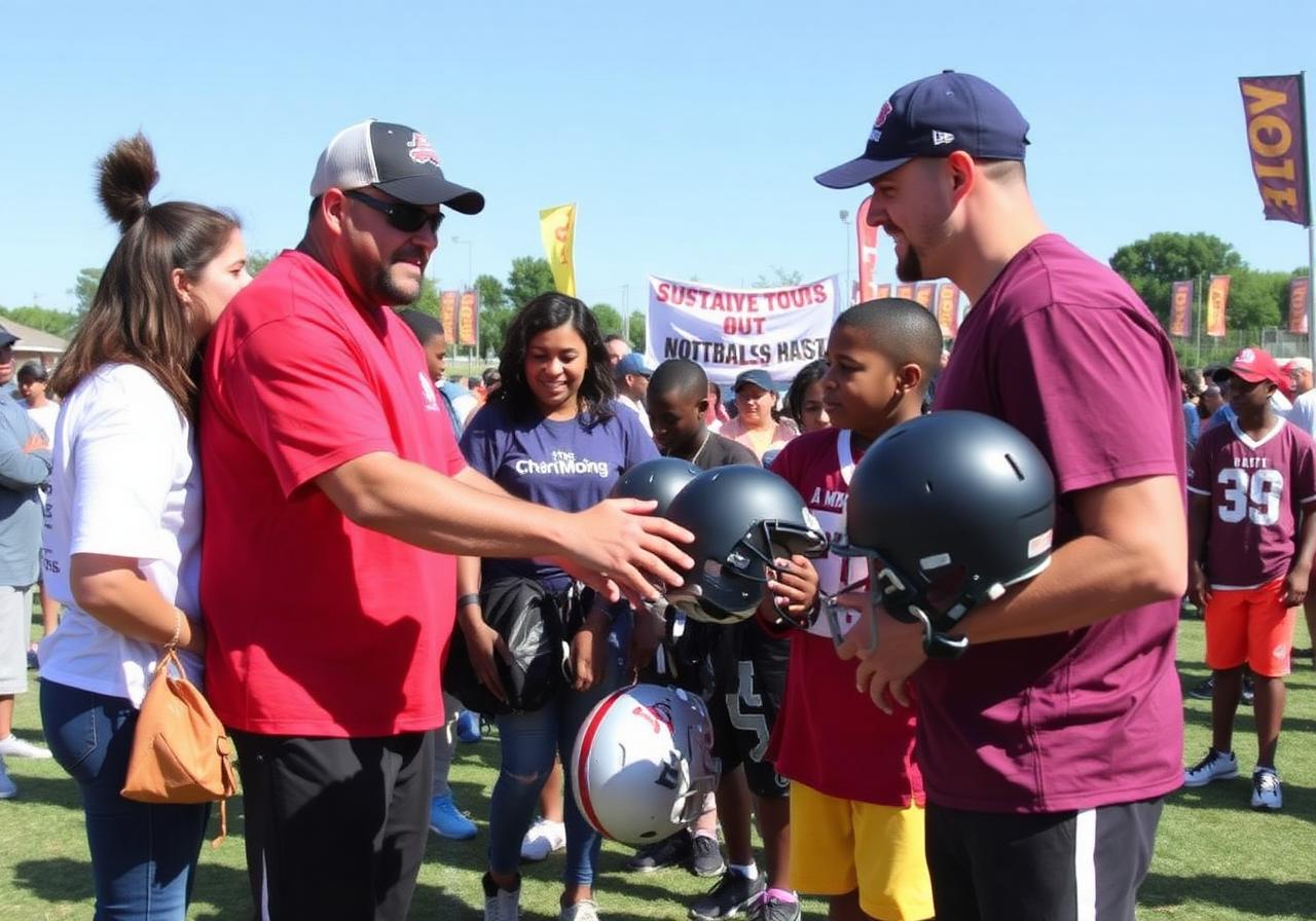 Football helmet handoff at the field day
