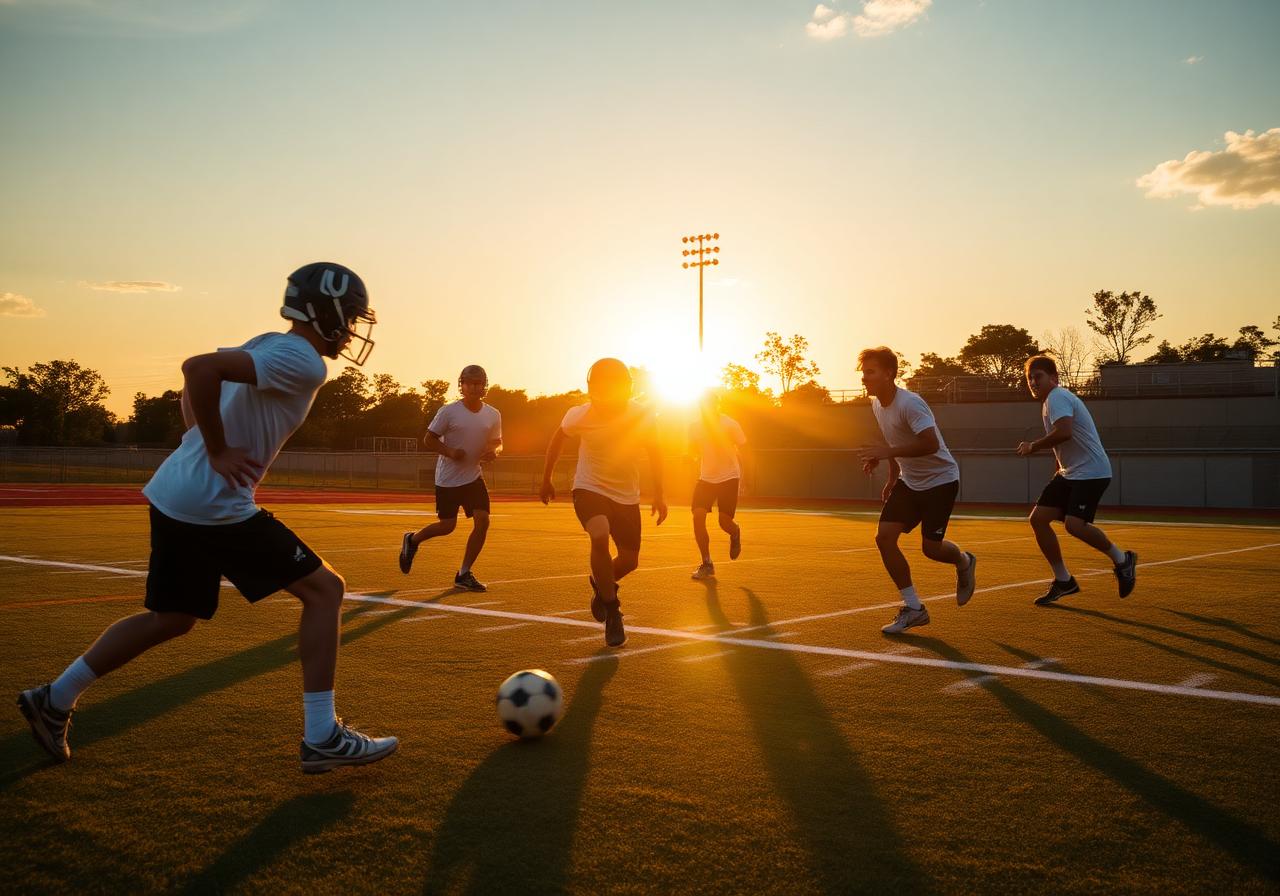 Young athletes practicing at sunset
